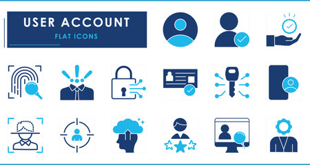 A set of flat icons related to User Accounts. Identity, face, security, avatar, lost, digital, person, target, encrypt, and so on.