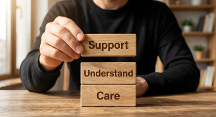 Human Hand Stacking Wooden Blocks with Support Understand Care Words in Warm Indoor Setting