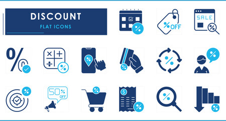 A set of flat icons related to Discount. Discount, percent, offer, off, market, online, cart, price tag, announcement, and so on.