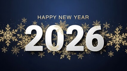 Happy new year 2026 celebration with golden glitter snowflakes on dark blue background