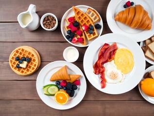 Delicious breakfast spread with waffles eggs bacon and fruit on wooden table