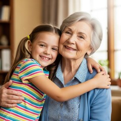 Joyful granddaughter hugs her smiling grandmother