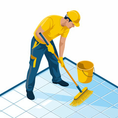 Obraz premium A dedicated worker is shown scrubbing a tiled floor with a broom, showcasing attention to detail and cleanliness, emphasizing the importance of maintenance in work environments.