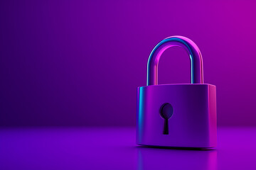 Cyber security concept with a padlock on violet background. 3d padlock against a vibrant purple background, symbolizing security and protection for data or personal information