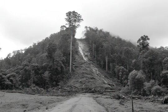A large landslide has occurred on the hillside, covering the road with debris and most trees in the area remain upright