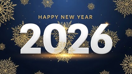 Happy new year 2026 celebration with golden snowflakes on a dark blue background