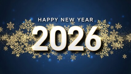 Happy new year 2026 with sparkling golden snowflakes on a deep blue background