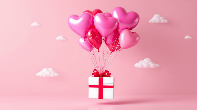 Heart-shaped balloons lifting a gift box in a pink sky