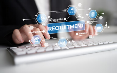 A professional hands typing on a keyboard, surrounded by graphics that represent recruitment, job interviews, and employee selection, showcasing modern hiring techniques. Tessel