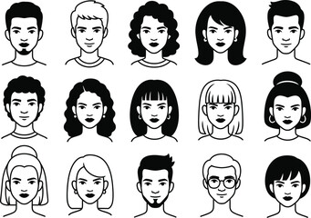 Diverse Collection of Stylized Human Avatars Representing Various Genders and Hairstyles