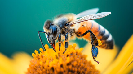 Macro close-up of a honey bee collecting golden pollen from a vibrant yellow flower, detailed wings and fuzzy texture in bright natural light, symbol of pollination and biodiversity.