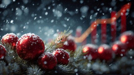 Seasonal charm: vibrant red baubles and snow-kissed fir. Sales analytics. Traditional holiday scene: red ornaments and fir in winter’s embrace. Financial charts. Market trends.