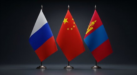 Russia, China, and Mongolia Flags on Stands Representing International Relations, Alliance, and Geopolitics