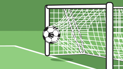 A soccer ball rests in the goal net on the green field during a team competition game