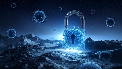 Brass padlock with red virus model and face mask on dark surface symbolizing COVID-19 lockdown and health measures