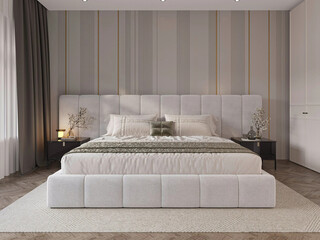 Modern luxury bedroom interior in minimal scandinavian style, 3d render © evgenij
