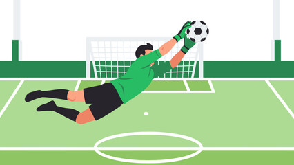 Goalkeeper's Grace: An animated goalkeeper in full flight, skillfully reaching for the ball during a pivotal soccer match, embodying agility and determination.