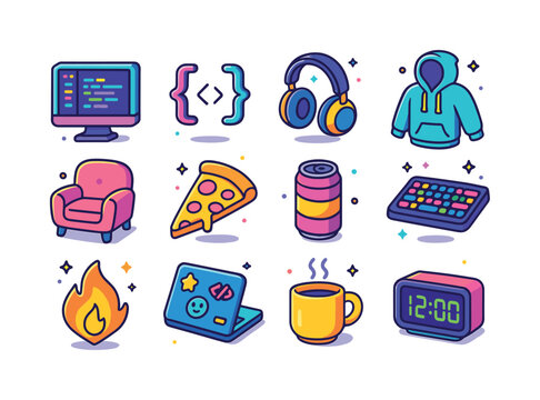 Colorful Coding Vibes Icons. Coding Vibes. Colorful isometric ve