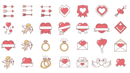 Valentine's Icons: A delightful assortment of Valentine's Day-themed icons, featuring hearts, arrows, cupid, and rings, perfect for design needs.