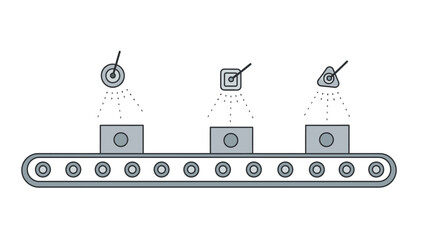 Precision Process: An abstract illustration showcasing an automated production line with three distinct components, each being precisely inspected, representing quality control and efficiency.