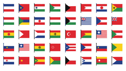 Worldwide Flags Array: An overhead shot showcases a diverse array of national flags. Each flag representing a different nation.
