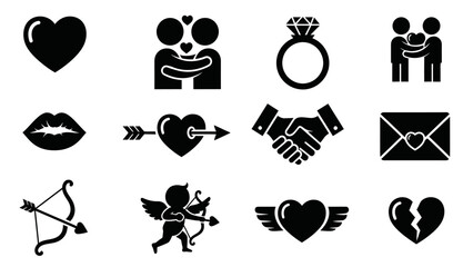Love Symbols Icon Set: A collection of meticulously crafted love symbols in a sleek and modern design. It showcases various aspects of affection, commitment, and romance.