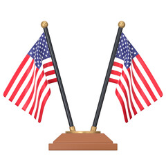 Two crossed USA flags on a stand 3D Icon Illustration. Low Poly Style