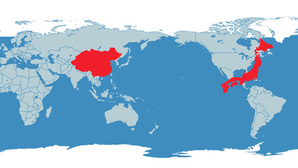 Asia map: A simplified depiction of Asia showcasing China and Japan highlighted in vibrant red against a backdrop of the Earth's oceans and continents. 