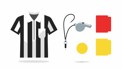 Illustration of a referee's uniform, whistle, and cards, symbolizing sports officiating and rules.