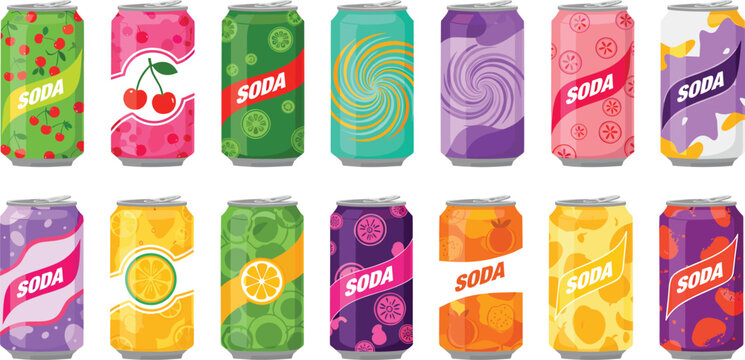 Colorful assorted soda cans with fruity designs and abstract patterns, illustrated as vibrant fizzy drink vector collection for branding use.