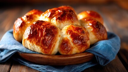 Golden brown buns arranged neatly on a rustic wooden table, showcasing freshly baked goods that radiate warmth, comfort, and deliciousness.