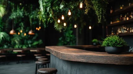An elegant bar interior adorned with lush greenery and warm ambient lighting, inviting patrons to relax and unwind in a sophisticated and modern setting for social experiences.