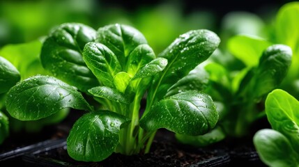 A close-up view of fresh green leafy vegetables, glistening with dew drops, representing health and vitality, creating a fresh and vibrant atmosphere in the composition.