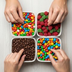 Hands reaching for colorful candies and chocolates in square bowls