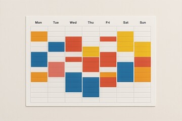 Colorful weekly planner layout with structured time blocks and vibrant sections for effective time management and productivity organization in a creative workspace environment