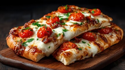 A mouth-watering view of freshly baked pizza topped with vibrant cherry tomatoes and herbs, highlighting the enticing blend of flavors ideal for food lovers and culinary enthusiasts.