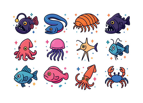 Colorful Deep Sea Icons. Deep sea creatures. Colorful isometric