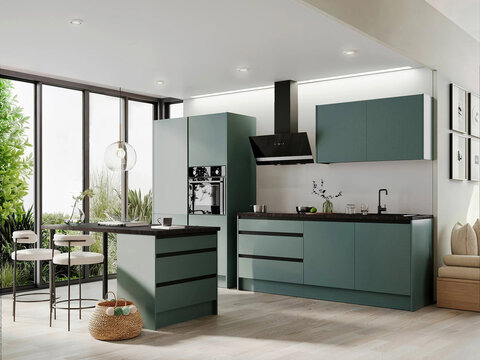 Modern luxury kitchen interior in minimal scandinavian style, 3d render