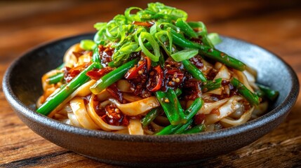 A vibrant bowl of spicy noodles topped with fresh green onions and a rich chili sauce, showcasing a tempting arrangement that highlights the deliciousness of the dish.
