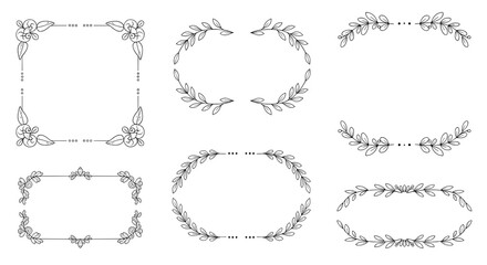 Lovely set of hand-drawn botanical frames and borders with delicate leaves and floral elements for wedding or invitation designs.