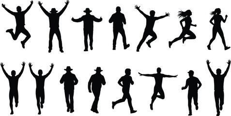 Human silhouette, jumping pose, walking gesture, running stance, expressive motion, anchor figure, dynamic posture, flat vector illustration