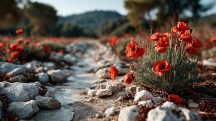 This picturesque image features vibrant red poppy flowers blooming in a serene landscape, embodying the beauty of nature and the essence of springtime's arrival.