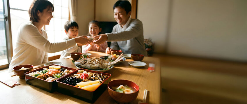 Japanese family enjoying traditional New Year meal with osechi and grilled fish at home