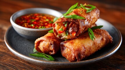 Delicious crispy spring rolls are presented on a plate, accompanied by spicy dipping sauce, enticing the senses and inviting culinary exploration of Asian flavors.