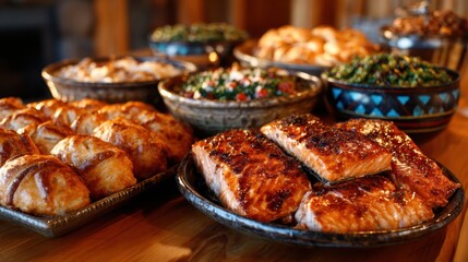 An inviting display of beautifully presented grilled salmon, fresh greens, and assorted pastries, representing culinary delight and the joy of sharing a delicious meal with loved ones.
