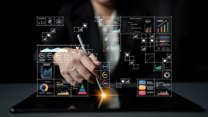 A big data visualization and business analytics dashboard grid. A complex collection of charts and graphs for comprehensive company reporting. Motif
