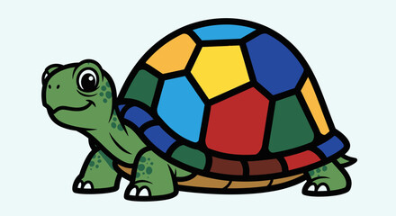 Happy cute cartoon sea turtle with colorful polygonal shell smiling on a light blue background.