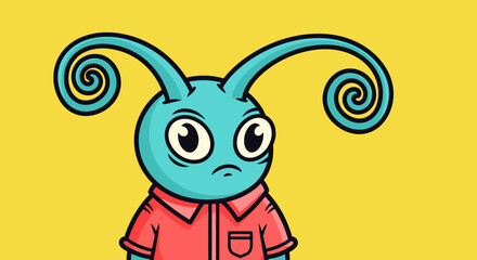 Cute Blue Cartoon Alien Monster with Swirly Antennae and Thoughtful Expression on a Bright Yellow Background