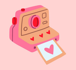 Flat style illustration of pink instant camera printing a heart photo, decorated with tiny red hearts, perfect for Valentine s Day cards, love stories, and romantic social media graphics.