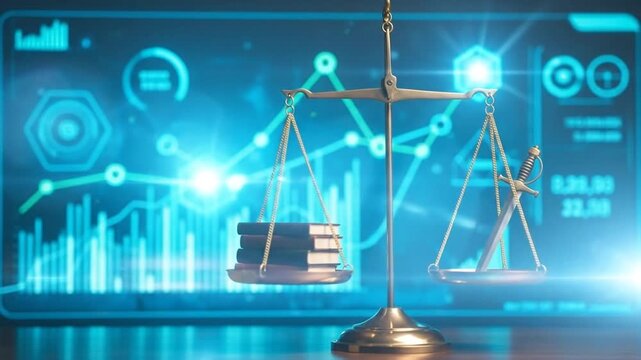 Symbol of Justice and Balance in Law with scales sword and books against data analytics